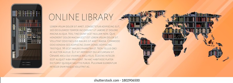 Online Media Library Concept. Bookstore. Banner With A Mobile Phone And A World Map On The Background Of Bookshelves In The Library. Vector Illustration