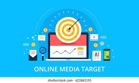 On-line Media, Target Audience, Digital Marketing, Flat Design Vector Concept With Marketing Icons On Blue Background