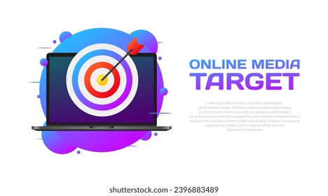 Online media target sign. Flat, purple, laptop icon with darts, online media target. Vector illustration