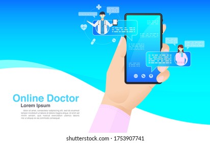 Online medical advice or consultation service, Phone Video Call to the Doctor Through the Application on the Smartphone, Online medicine concept, Vector EPS 10