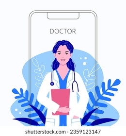 Online medical advice and support. Internet doctor. Medical services, Ask your doctor. Family doctor woman with stethoscope.