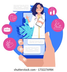 Online medical advise or consultation service, tele medicine. smartphone screen with virtual doctor therapist on chat in messenger and an online consultation. Vector flat illustration. Ask doctor. 