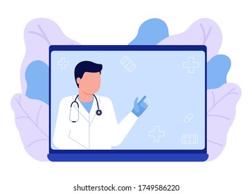 Online medical advise, consultation service, recommend. Online doctor. Videoconference with doctor, online internet consultation. Laptop screen with therapist. Ask doctor. Vector flat illustration