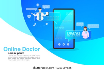 Online medical advise or consultation service, Phone Video Call to the Doctor Through the Application on the Smartphone, Online medicine concept, Vector EPS 10
