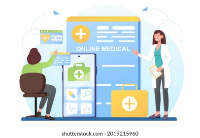 Online Medical Advise Or Consultation Service, Tele Medicine App, Patient Meeting Online Doctor. Digital Medical Card, Insurance Policy. Flat Cartoon Vector Concept Design Isolated On White Background