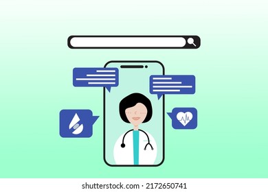 Online medical advise and consultation service with doctor. Tele communication with hospital service doctor character vector design on phone screen.