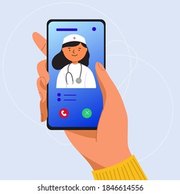  Online medical advise.Therapist give consultation to patient from smartphone screen.Vector illustration.