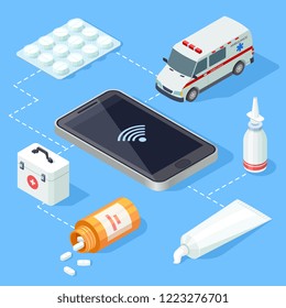 Online medical app for first aid isometric vector