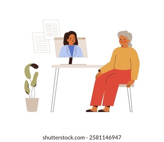 online medical appointment or Telemedicine. senior woman talking to doctor have video call from home. Therapist, general practitioner remote consultation with grandmother, recommendation and receipts