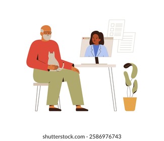 online medical appointment or Telemedicine. senior man talking to doctor have video call from home. Therapist, general practitioner remote consultation with elderly male, recommendation and receipts