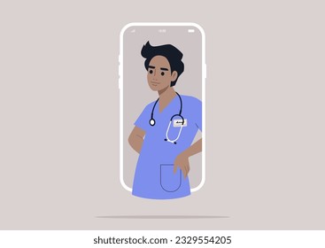 Online medical appointment, a young doctor's portrait displayed on a mobile screen