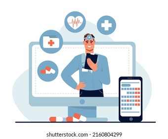 Asistencia médica en línea. Concepto de tratamiento de enfermedades y atención de la salud. El médico consulta a los pacientes utilizando el ordenador. Telemedicina o consulta remota con terapeuta. Dibujo vectorial plano de dibujos animados.