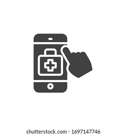 Online medical assistance vector icon. filled flat sign for mobile concept and web design. Mobile phone with doctor bag glyph icon. Symbol, logo illustration. Vector graphics