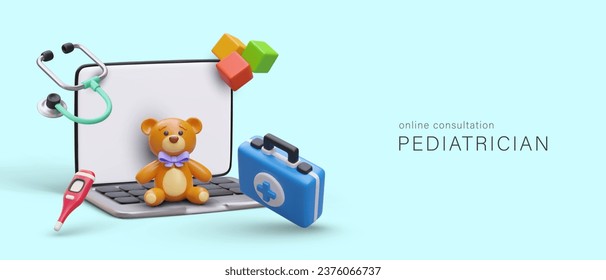 Online medical care and help for kids. Pediatrician concept. 3d realistic laptop, medical kit, stethoscope, thermometer for measuring temperature and toys. Vector illustration