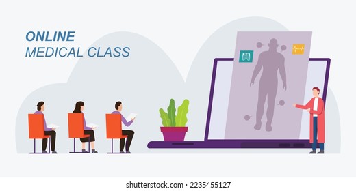 Concepto de ilustración vectorial de clase médica en línea 2d para banner, sitio web, ilustración, página de aterrizaje, volante, etc