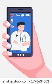 Online medical concept. Medical Consultation by Internet with Doctor. Hand holding smartphone and call doctor. Telemedicine. Ask a doctor. Can used for banner, poster, website design, social media