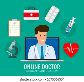 Online medical concept. Doctor on screen laptop and medical icons. Medical consultation and support. Vector illustration in flat style. EPS10.