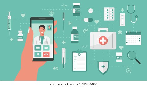 online medical concept, human hand holding phone with doctor on screen and medicine on background, flat vector illustration