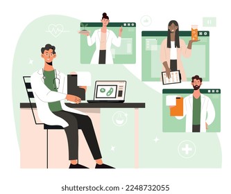 Online medical conference. Man with microscope sits at laptop and communicates with colleagues, experts exchange knowledge. Scientific research and drug development. Cartoon flat vector illustration