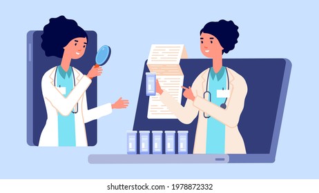 Online medical conferences. Medicals look new medications. Pharmaceutical presentation drugs on webinar for doctors. Hospital video call or telemedicine vector concept