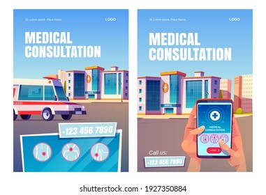 Online medical consultation app cartoon posters. Hands hold smartphone with application interface on hospital building background with ambulance on city street. Medicine, call service, vector banners
