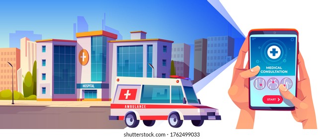 Online medical consultation app. Hands hold smartphone with application interface on urban background with ambulance riding on city street. Medicine, hospital call service, Cartoon vector illustration