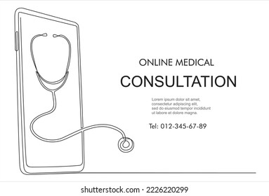 Online medical consultation app mobile applications. Digital healthcare medicine diagnosis concept banner. Smartphone and stethoscope on screen. One line continuous line art