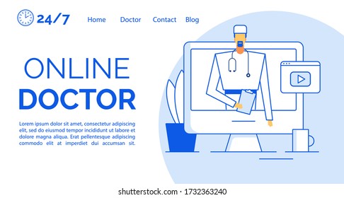 Online medical consultation assistance landing page. Doctor giving information prescription treatment recommendation on computer monitor screen design template. Video player. Remote clinic service