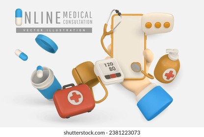 Cartel de consulta médica en línea al estilo de las caricaturas. Concepto de medicina en línea y diseño de salud. Accesorios modernos del médico. Ilustración vectorial.