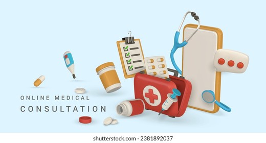 Cartel de consulta médica en línea al estilo de las caricaturas. Concepto de medicina en línea y diseño de salud. Accesorios modernos del médico. Ilustración vectorial.