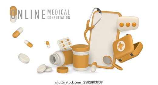 Cartel de consulta médica en línea al estilo de las caricaturas. Concepto de medicina en línea y diseño de salud. Accesorios modernos del médico. Ilustración vectorial.