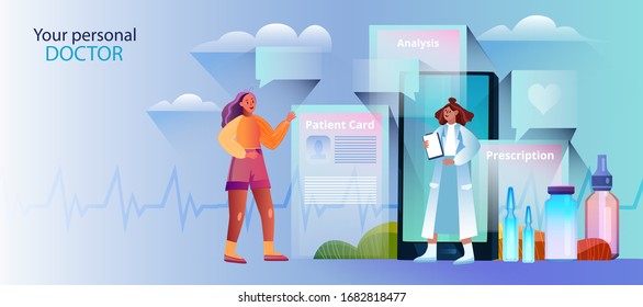 Online medical consultation banner with female patient and her doctor. Healthcare vector concept with smartphone, medicine, young girl, virtual profiles. Virtual hospital background in trendy colors