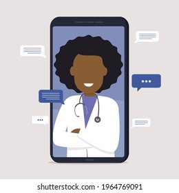 Online Medical Consultation. Black Woman Doctor Video Locating On A Smartphone. Medical Diagnostics Via Internet. Concept Of Online Medicine And Health Care. Flat Vector Illustration