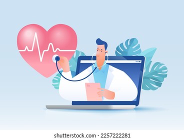 Online medical consultation with cardiology care concept. Doctor with stethoscope examines heart on laptop screen. Vector illustration