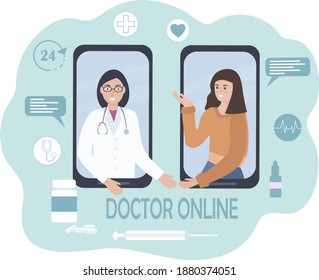 Online medical consultation and care. A person talks to a doctor on a cell phone, using video calls and messenger messages. Telemedicine, remote communication between the patient and the doctor.Vector