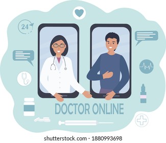 Online medical consultation and care. A person talks to a doctor on a cell phone, using video calls and messenger messages. Telemedicine, remote communication between the patient and the doctor.Vector