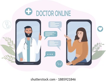 Online medical consultation and care. A person talks to a doctor on a cell phone, using video calls and messenger messages. Telemedicine, remote communication between the patient and the doctor.Vector