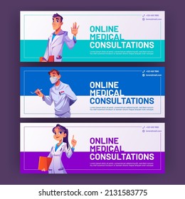 Online medical consultation cartoon ads banners, doctors greeting, gesturing with hand. Medicine, health care, hospital services ads background with clinic contact and place for information vector set