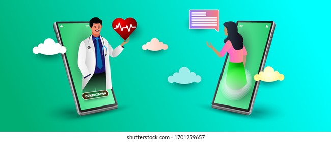 online medical consultation concept, Online doctor vector illustration concept, patient consultation to the doctor via smartphone, can use for, landing page, template, ui, web, mobile app, poster.