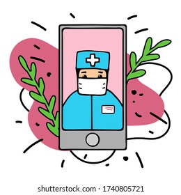 Online medical consultation concept. Hand-drawn character online doctor. Smartphone screen therapist on mask. Web diagnostic service app isolated on white background. Vector color doodle illustration