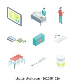 Online Medical Consultation Concept Icon Set 3d Isometric View Include of Doctor, Tablet, Computer, Patient and Research. Vector illustration