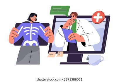 Concepto de consulta médica en línea. Médico se comunica con el paciente por servicio de videollamadas. El doctor decide por rayos, pensando en la salud. Tecnología moderna. Ilustración vectorial aislada plana en blanco