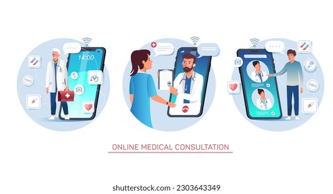 Online medical consultation concept. Person having consultation with doctor through mobile app. Cartoon flat style vector illustrations set on white background