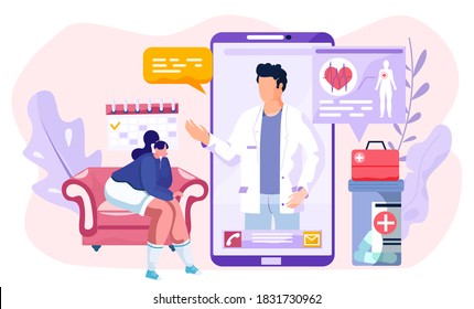 Online medical consultation concept. Remote communication with a doctor or pharmacist. Modern flat stylized illustration of young male medic consultant talking to woman patient sitting in a chair