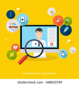 Online Medical Consultation Concept. Vector Modern Creative Flat Design On Computer With Medical Assistance And Doctor. Vector Illustration.