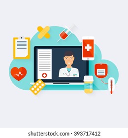 Online medical consultation concept. Vector modern creative flat design on computer with medical assistance and doctor. Vector illustration.