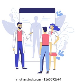 Online medical consultation concept. Young doctor man, woman and patient stand in front of the screen smartphone. Mobile app medicine. Consultation and diagnosis.