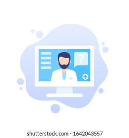 Online medical consultation, diagnosis vector icon with medic