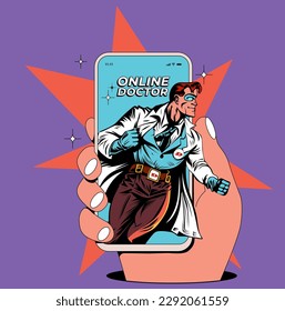 Online medical consultation or doctor call concept with smartphone screen and doctor as superhero character coming out from it in retro style. Vector illustration