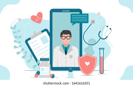 Online medical consultation or Doctor online concept .Concept for medical app and websites. Flat vector illustration.